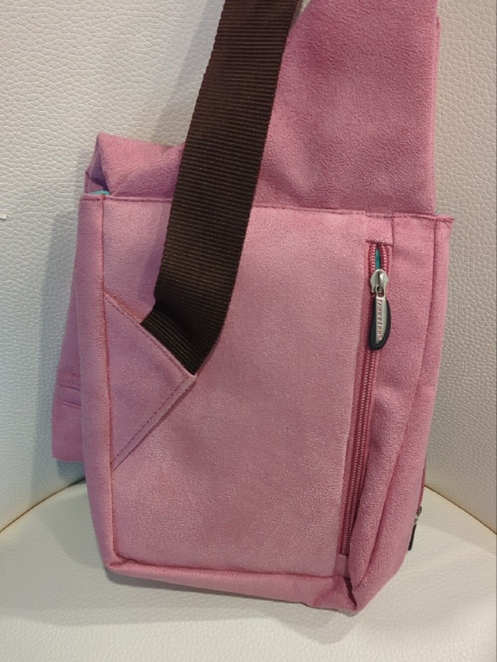 Travelon Pink Suede Crossbody Sling with Brown Strap - Picture 8 of 9